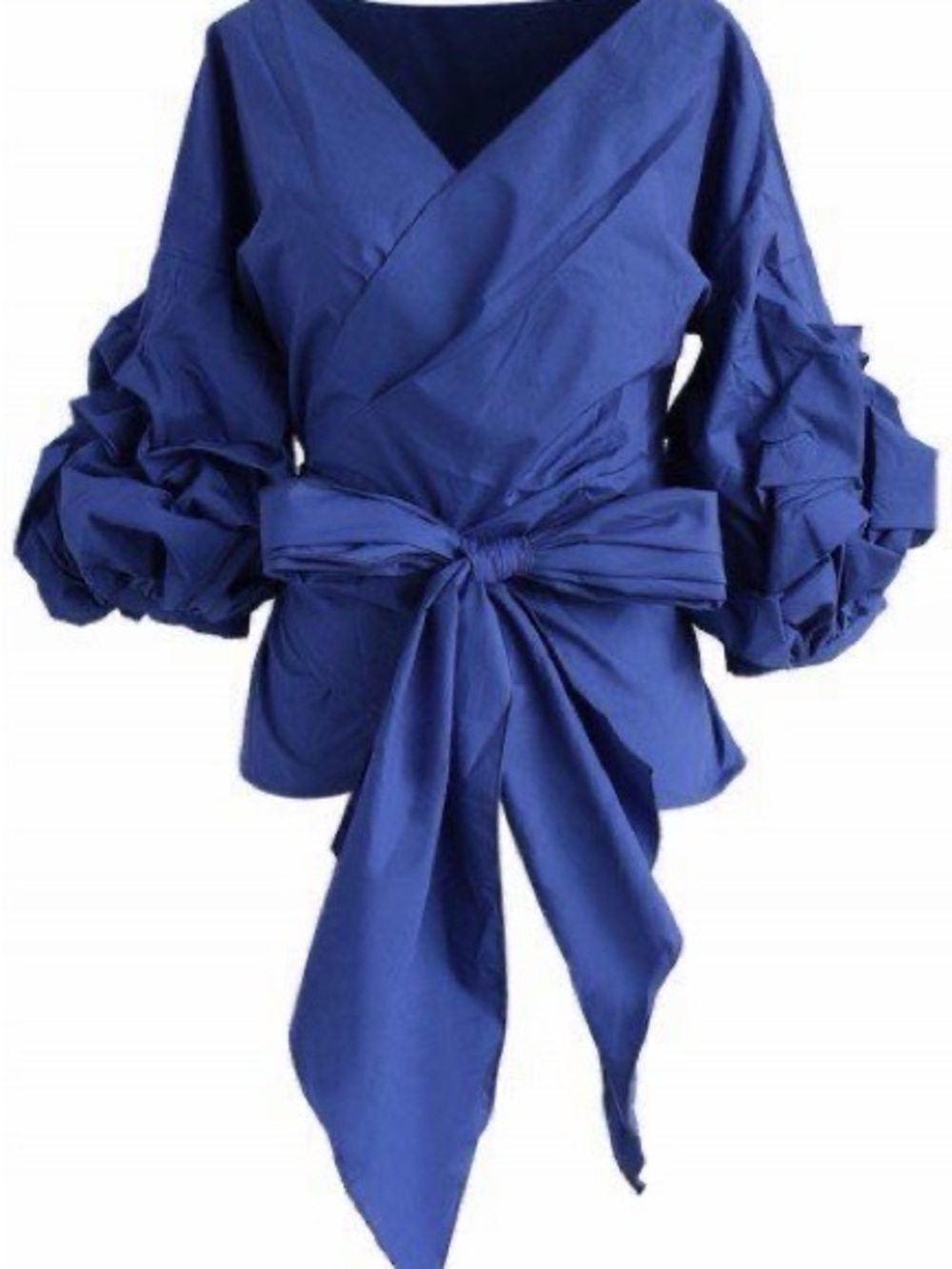 Chicwish Royal Blue Wrap Blouse with Statement Tie and Puff Sleeves